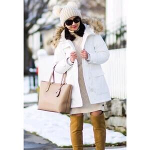 J.Crew Nordic Down Parka Women Large White Thinsulate Faux Fur Hood Winter Coat